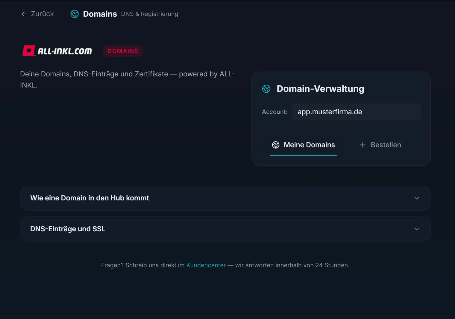 Der Domain-Bereich im Hub