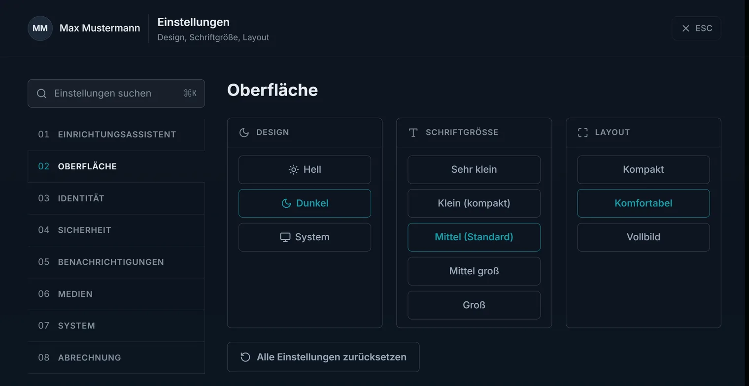 Die Einstellungen des Hub mit ihren acht Bereichen