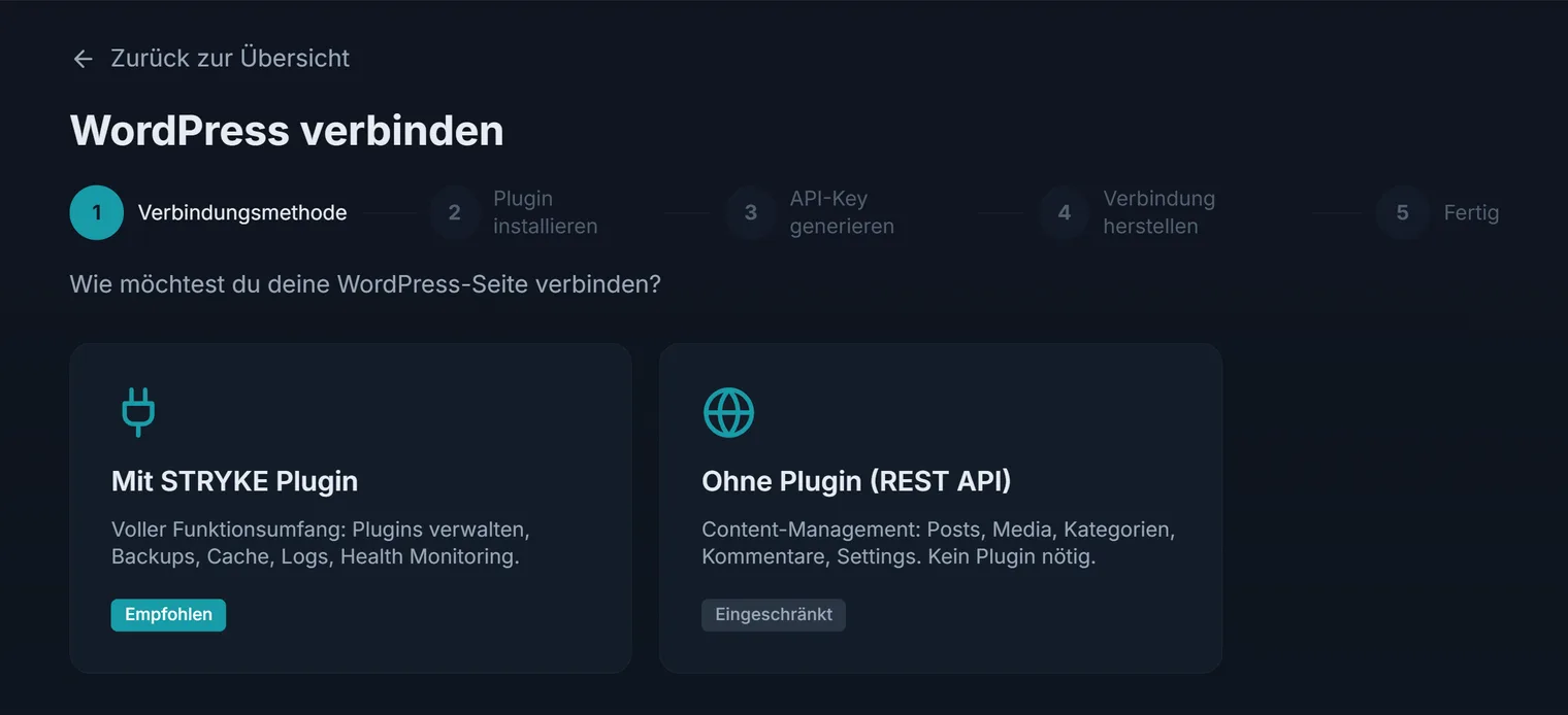 Der Assistent zum Verbinden einer WordPress-Seite