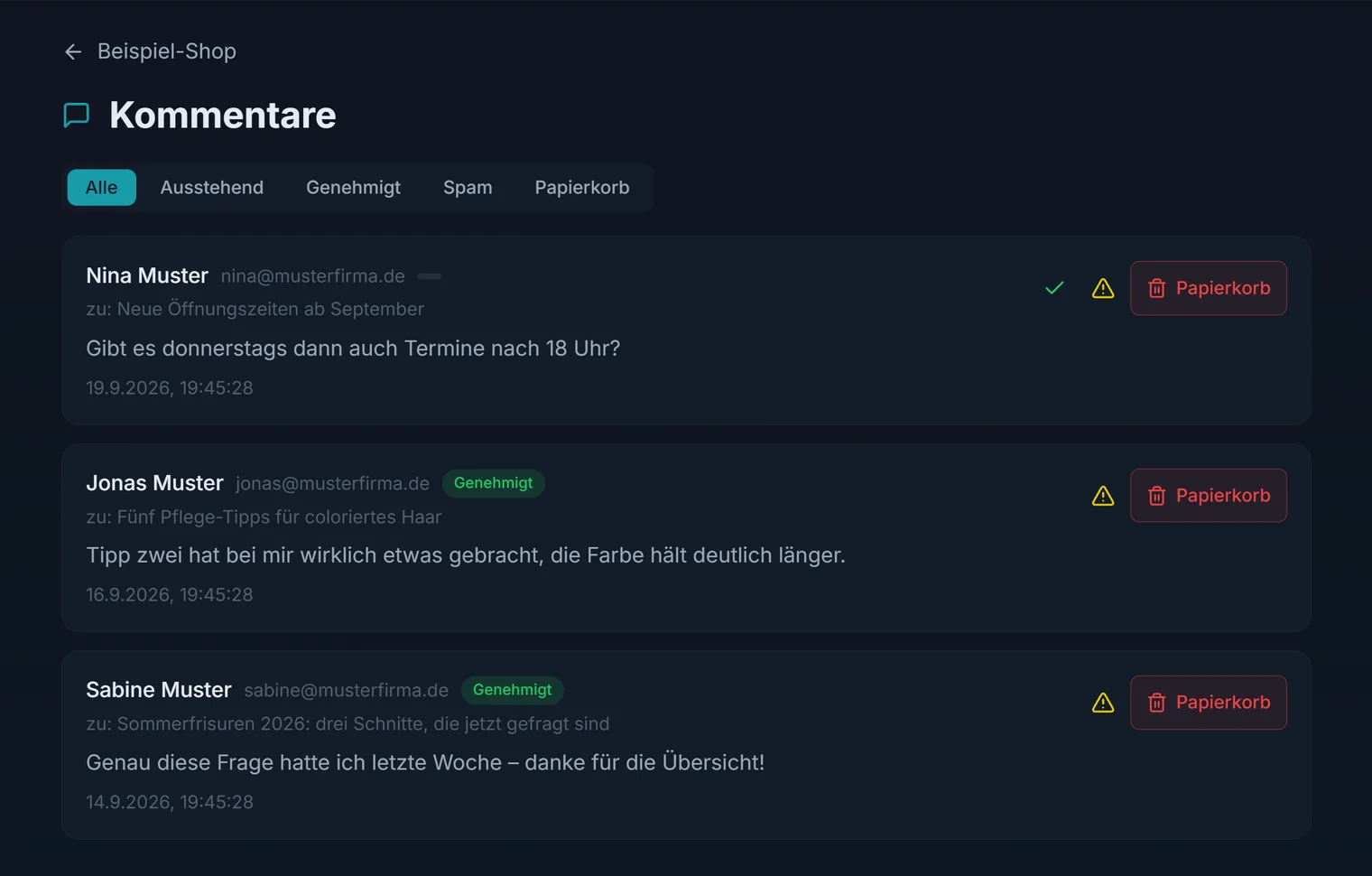 Kommentare einer Website freigeben oder löschen