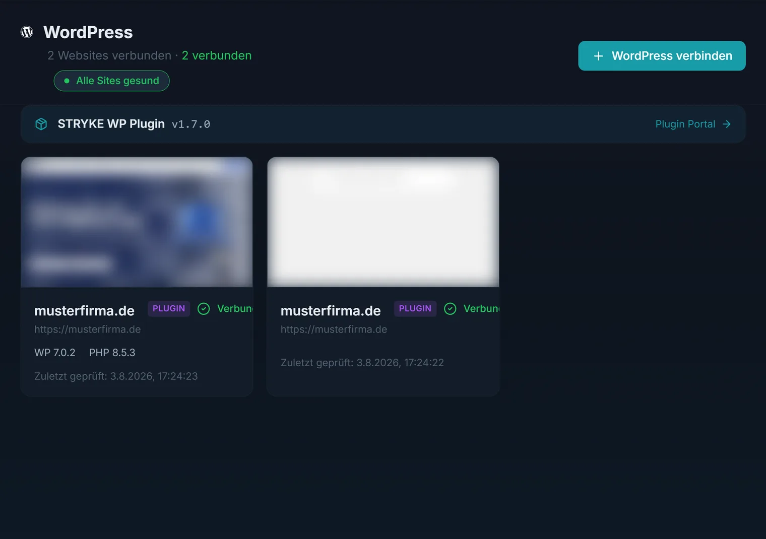 Der WordPress-Bereich mit allen betreuten Seiten